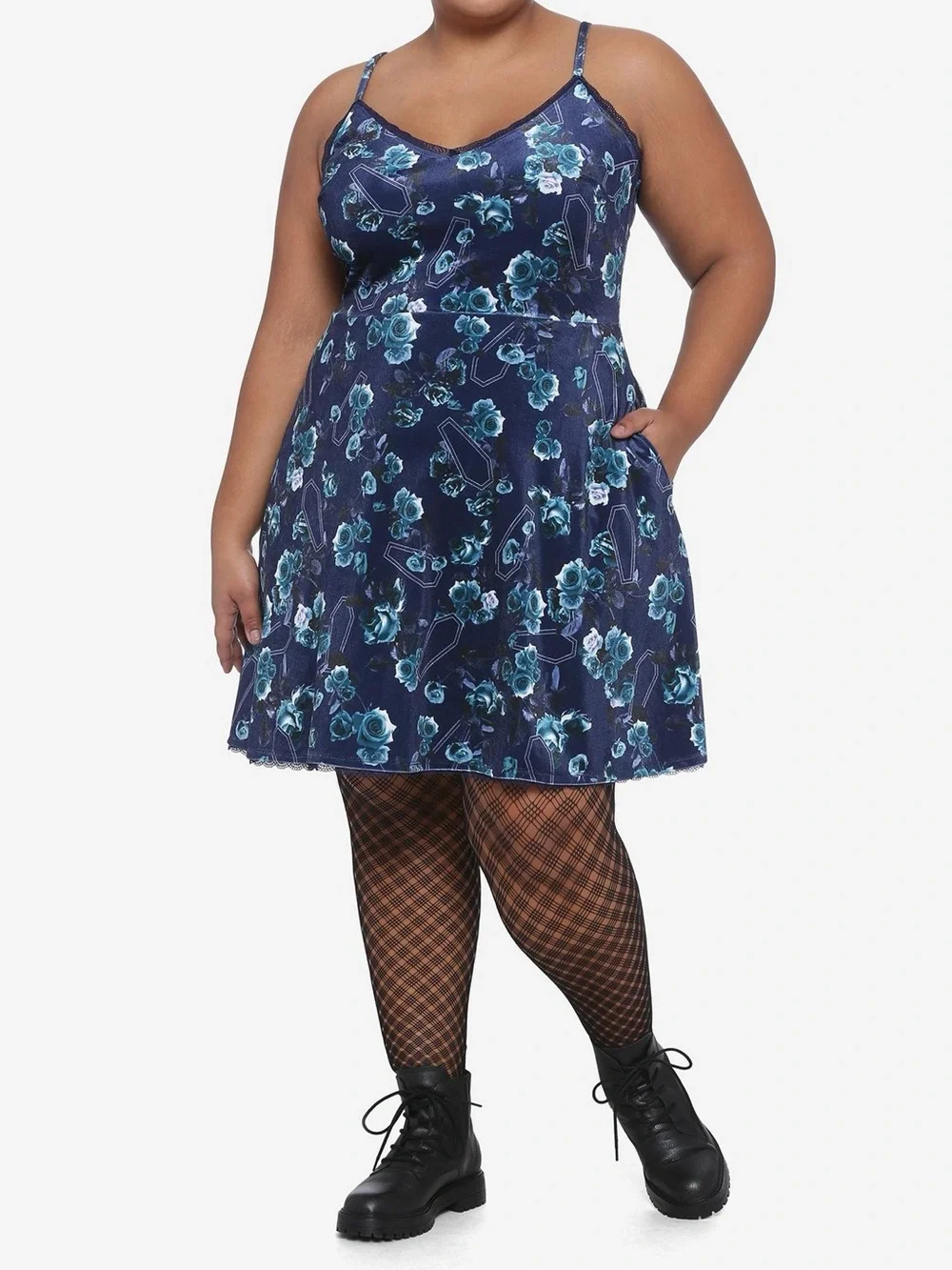 Hot Topic Womens Blue Roses & Coffins Velvet Skater Slip Dress Plus Size 3